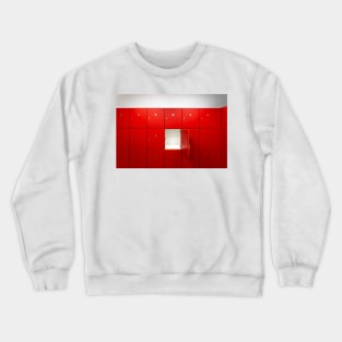 Red lockers inside of a room with one central opened door Crewneck Sweatshirt